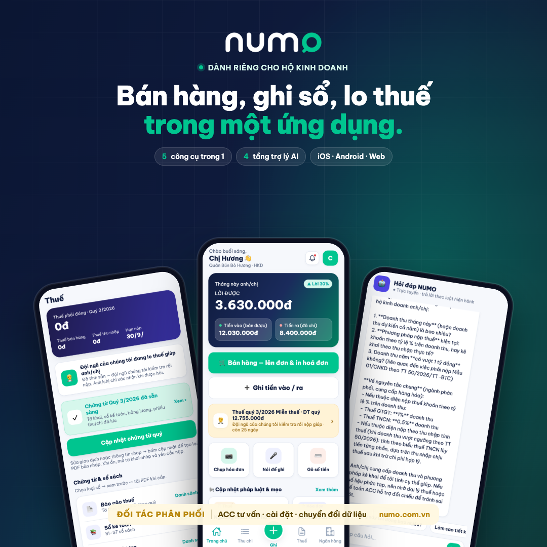 Giao diện ứng dụng NUMO trên điện thoại dành cho hộ kinh doanh: bán hàng, ghi sổ, lo thuế trong một ứng dụng. ACC là đối tác phân phối.